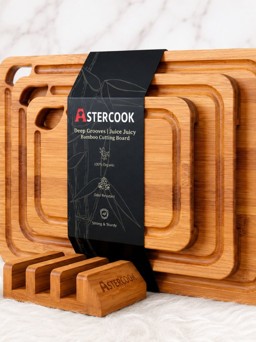 🪵 Astercook 4-Piece 100% Bamboo Cutting Board Set with Holder 🤎